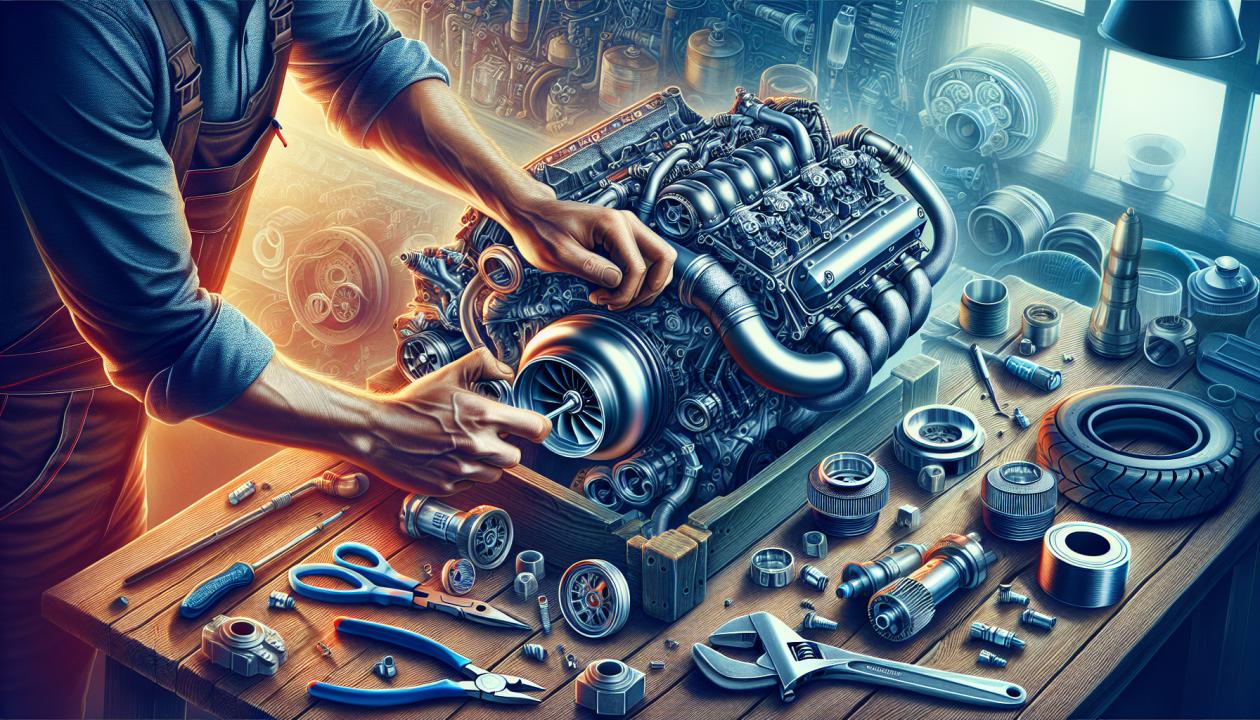 Изображение, иллюстрирующее процесс тюнинга двигателя: механик работает над двигателем, заменяя детали, устанавливает турбонаддув, рядом инструменты и модернизированные компоненты, фоновая антуражная мастерская.