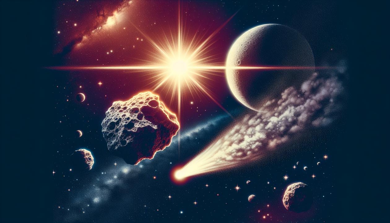 Изображение, показывающее астероид и комету, вращающиеся вокруг Солнца. Астероид представлен как каменистое небесное тело, а комета – с ярким хвостом и облаком пыли и газа вокруг ядра. На фоне виден космический пейзаж с звездами и Солнцем, подчеркивающий контраст между этими двумя типами объектов.