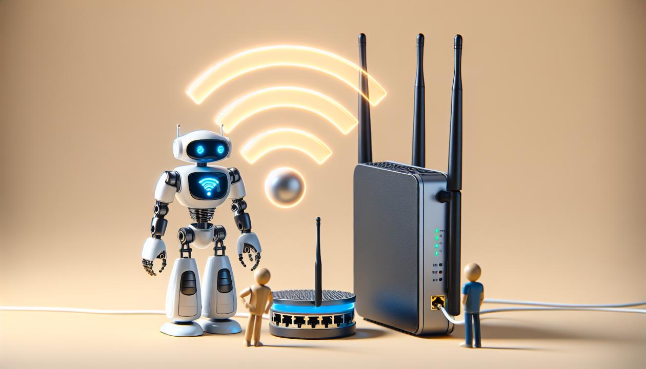 Робот, управляемый через Wi-Fi, на фоне маршрутизатора с антеннами и изображением сигнала Wi-Fi.