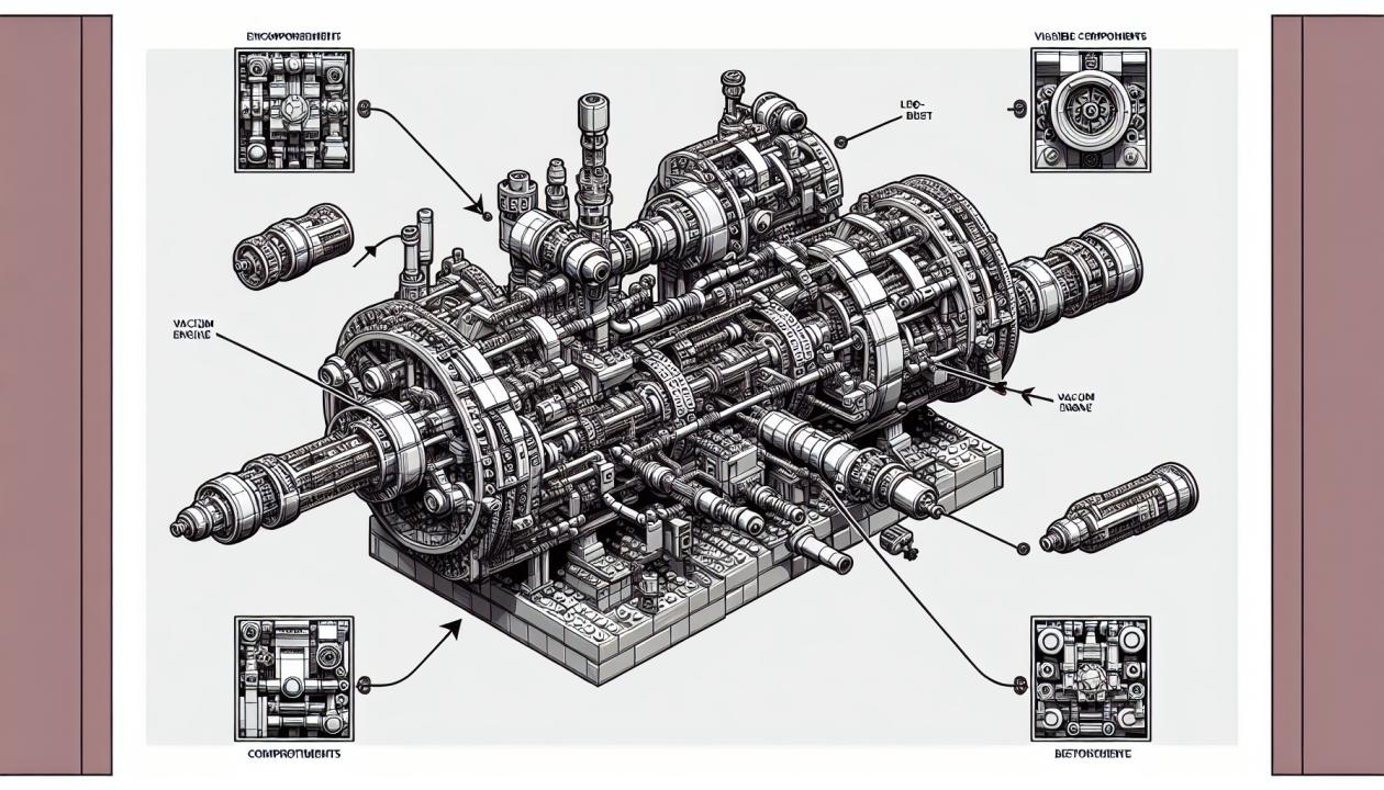 Иллюстрация, изображающая вакуумный двигатель, собранный из Лего, с указанием деталей и стрелками, показывающими направление работы устройства.