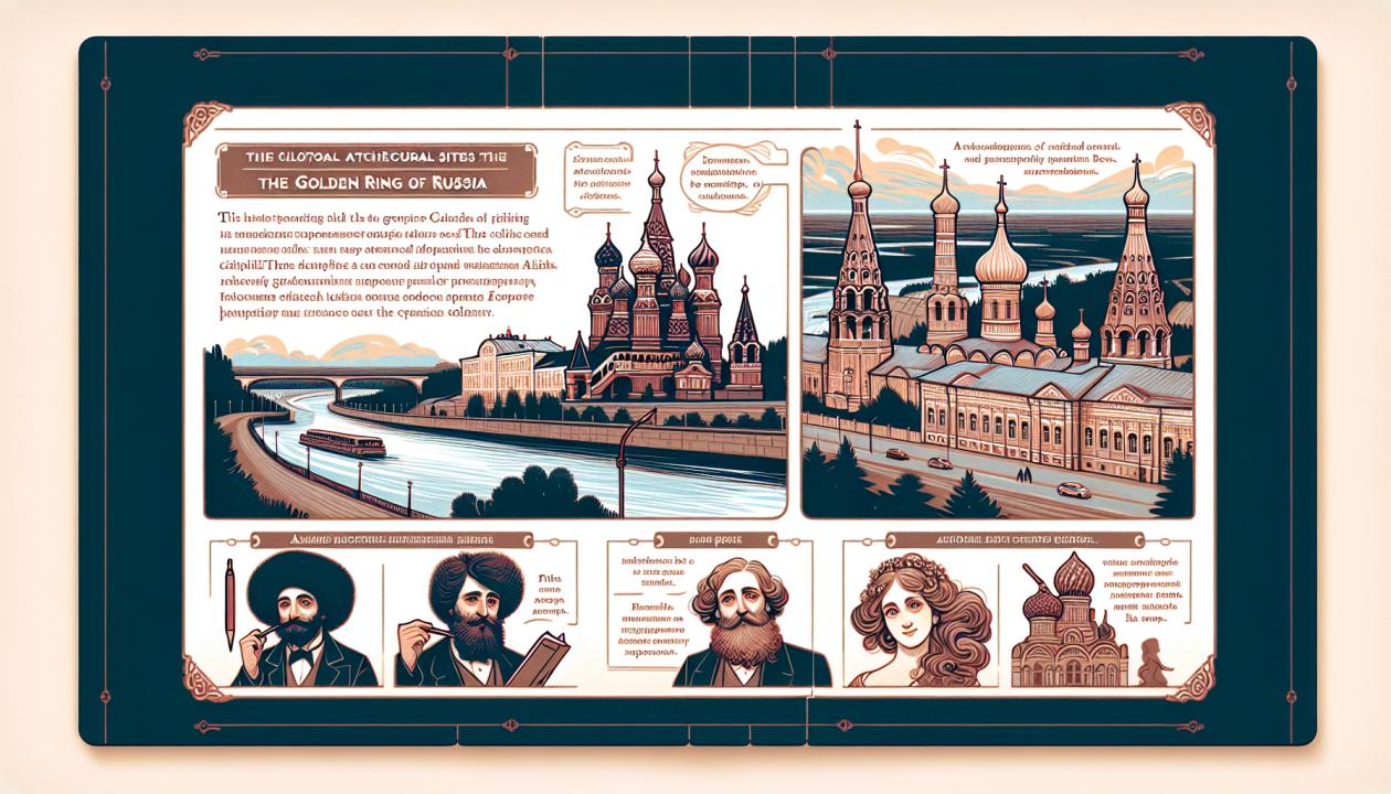 Иллюстрация электронного буклета с изображением культурных и архитектурных памятников Золотого кольца России и известных русских писателей, таких как Пушкин, Гоголь, Островский, Чехов, Толстой и Достоевский.