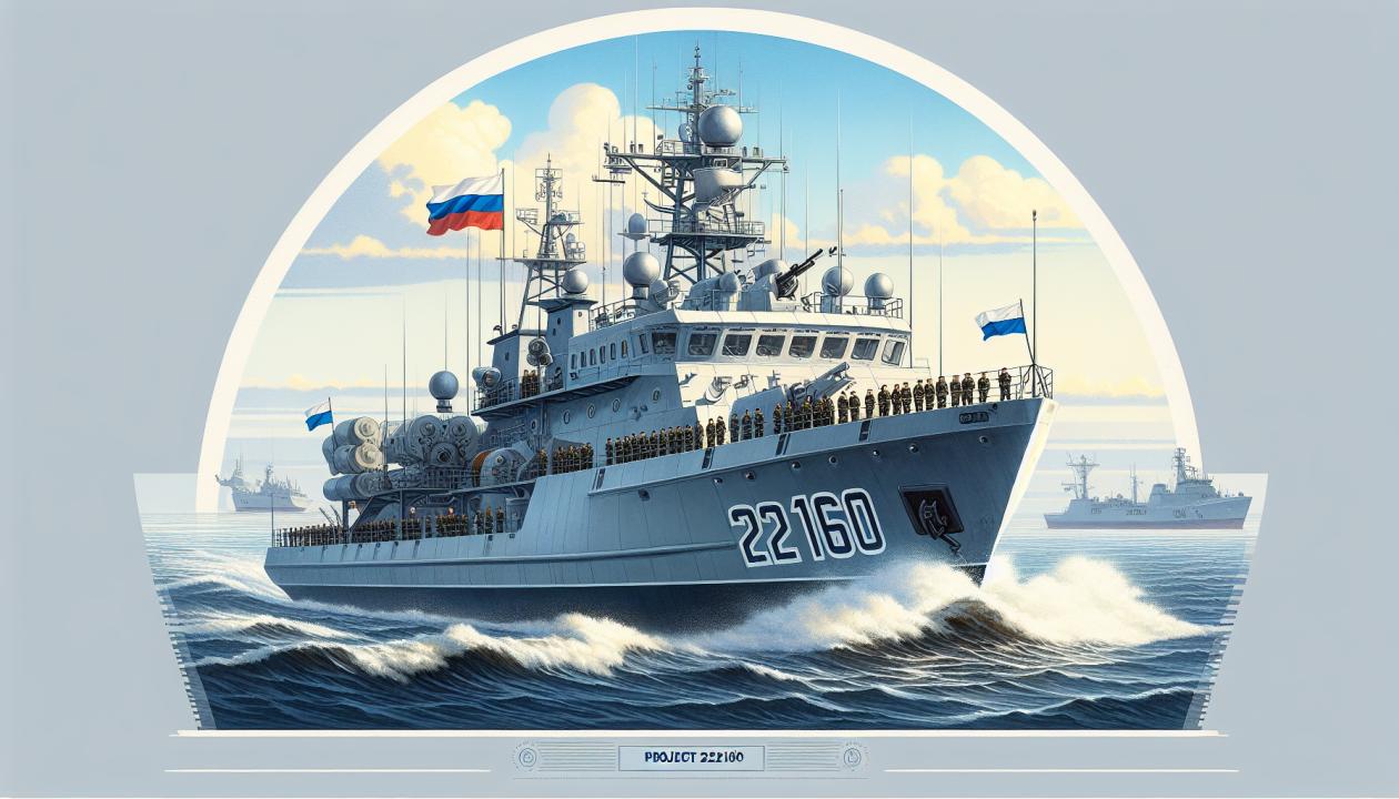 Изображение патрульного корабля проекта 22160 в открытом море, с модульным вооружением на борту, на фоне ясного неба и спокойного моря.