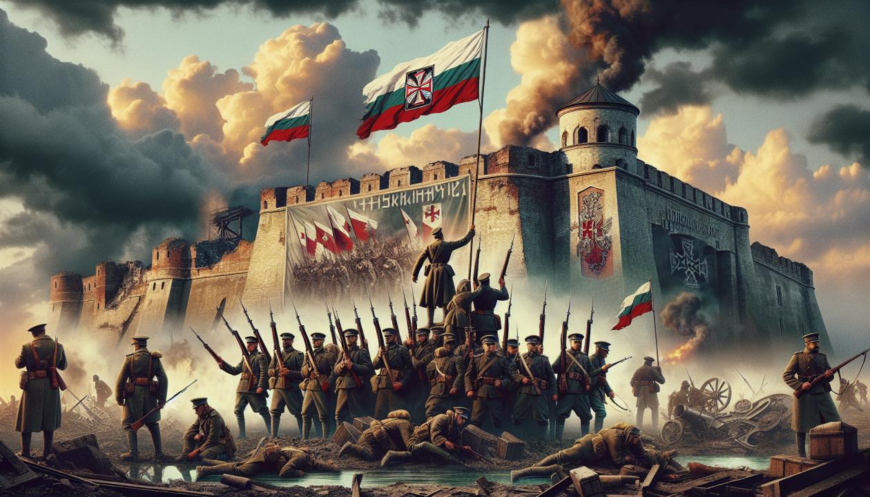 Изображение крепости Осовец во время Первой мировой войны, с защитниками, закованные в военную форму, раскинутыми на фоне драматичного неба. В центре – группа солдат, символизирующих мужество и стойкость, с поднятыми флагами. На заднем плане видны разрушенные стены крепости и дым от боевых действий.