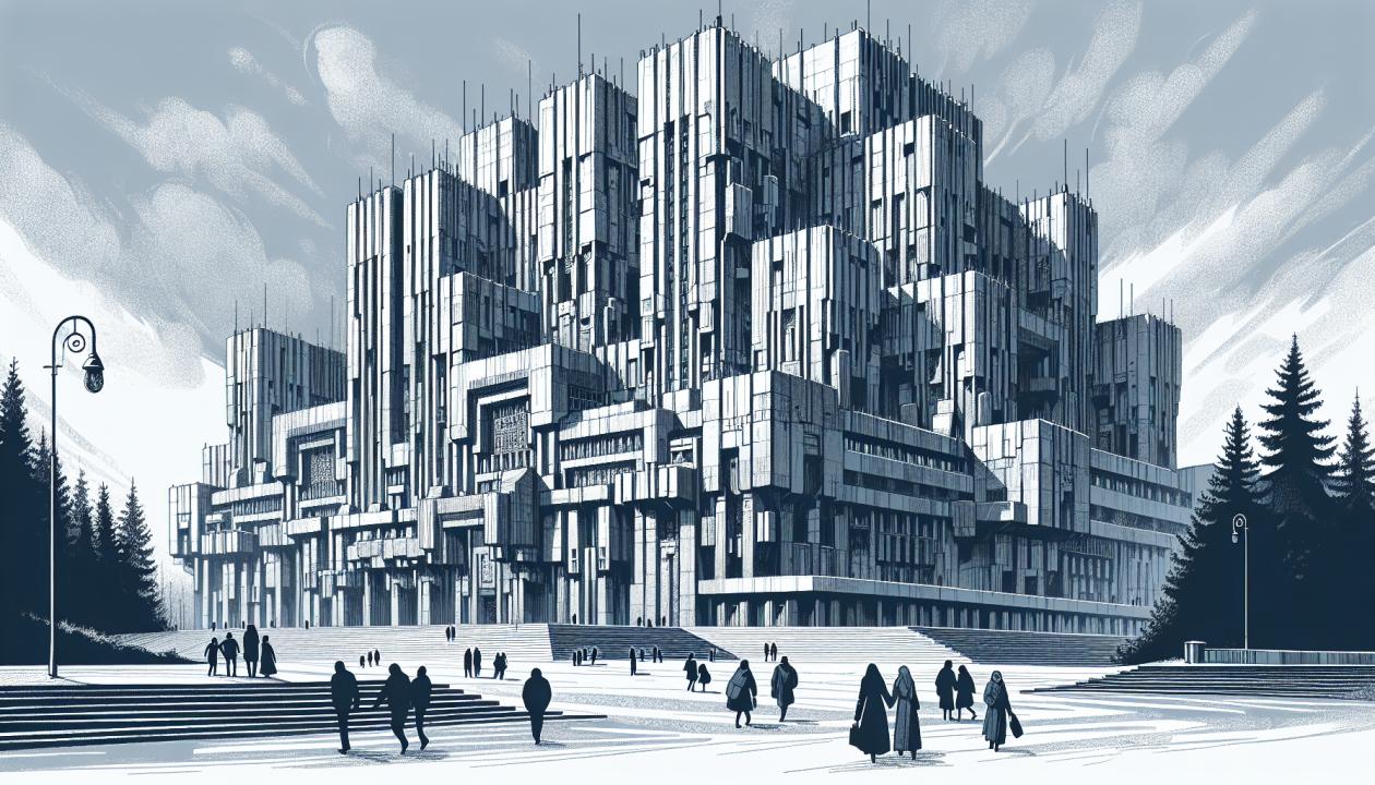 Изображение бруталистского здания в России, выполненное в серых тонах, с акцентом на грубые текстуры и массивные формы. На переднем плане могут быть изображены люди, гуляющие рядом с архитектурным памятником, и детали окружающей городской среды.