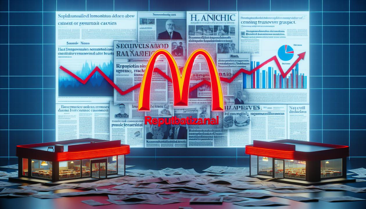 Изображение логотипа McDonald's на фоне газетных заголовков о репутационных скандалах. Визуализация может включать изображения ресторанов McDonald's и графиков, символизирующих падение и восстановление доверия клиентов.