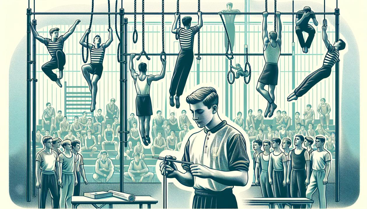 Изображение школьного спортзала, в котором ученики занимаются гимнастикой: подростки выполняют упражнения на гимнастических снарядах, таких как канат и перекладина, тренер демонстрирует правильное выполнение акробатического элемента на фоне спортивного оборудования.