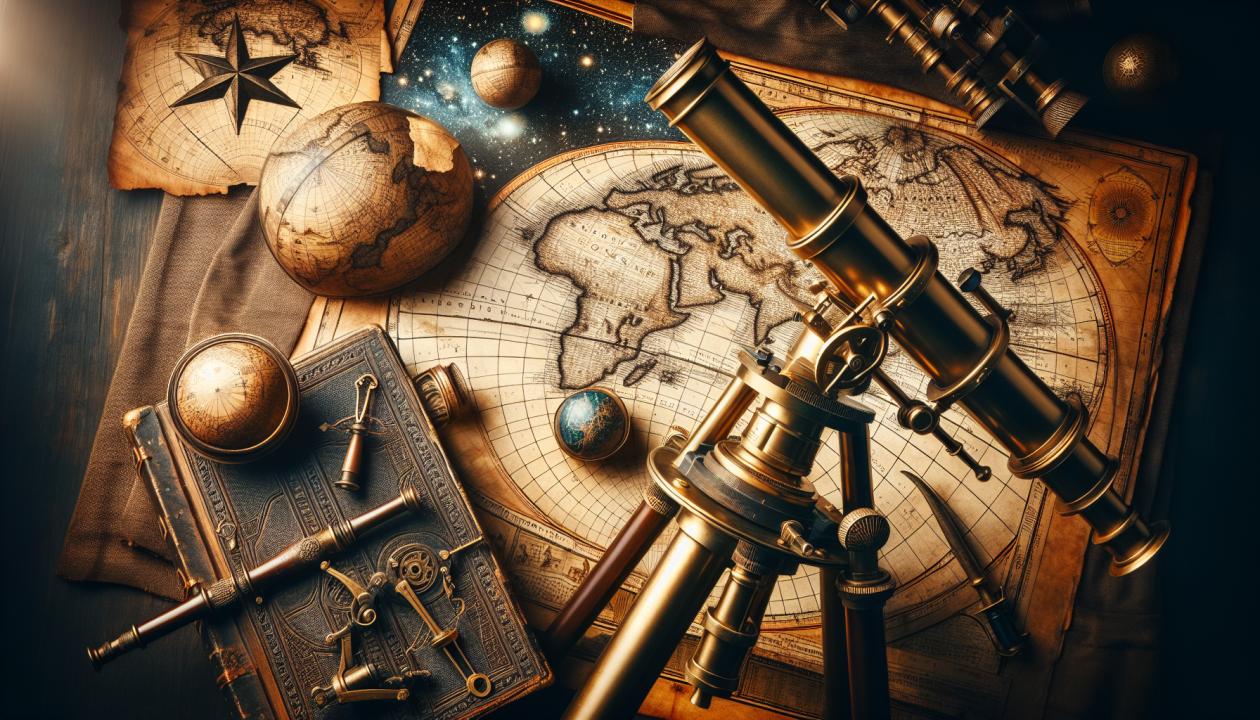 Иллюстрация с представлением телескопа и старинной карты мира, символизирующая достижения в географии и астрономии.