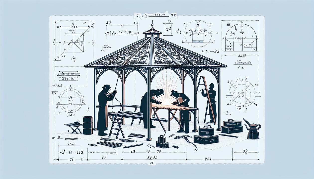 Иллюстрация сварки каркаса беседки с векторными размерами и расчетами, показывающими математические аспекты и этапы процесса.