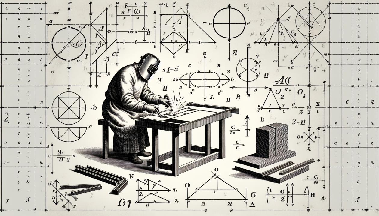 Иллюстрация, на которой показаны сварщик за работой, обведенные формулы и чертежи, а также математические элементы, такие как углы и размеры под углом к соединяемым материалам.