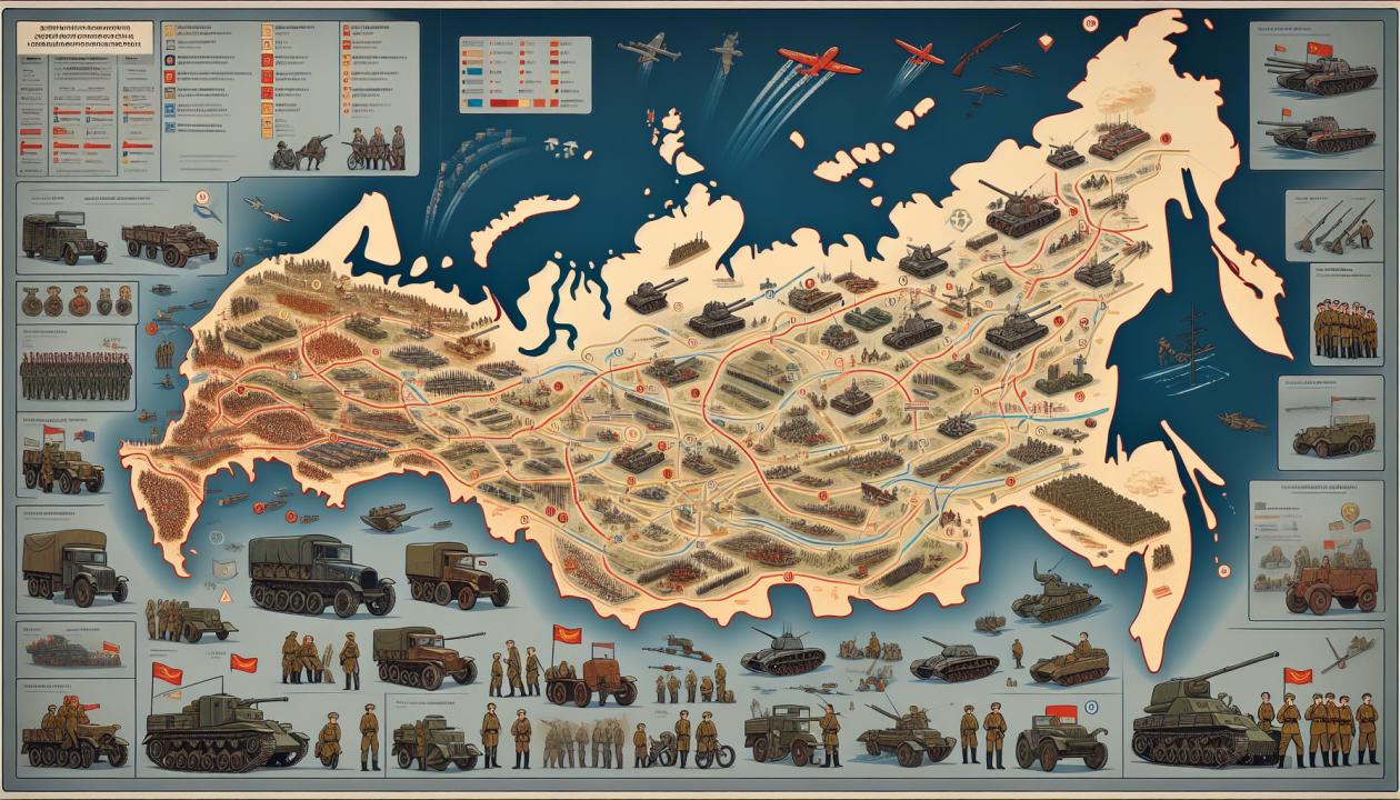 Изображение карты СССР времен Великой Отечественной войны с ключевыми сражениями, юнитами, военной техникой и ресурсами.