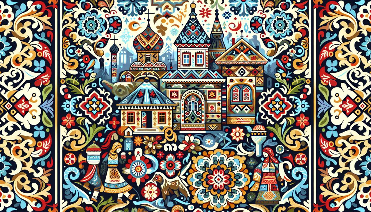 Разноцветные узоры и орнаменты, характерные для татарской культуры, с изображением гостеприимных домов и семейных обрядов, чтобы передать атмосферу уюта и тепла.