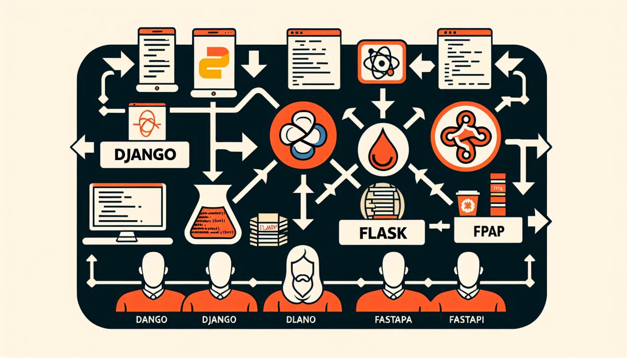 Иллюстрация, на которой изображены логотипы Django, Flask и FastAPI, объединенные в схему сравнительного анализа, с элементами разработки веб-приложений, такими как код, страницы веб-сайтов и интерфейсы.