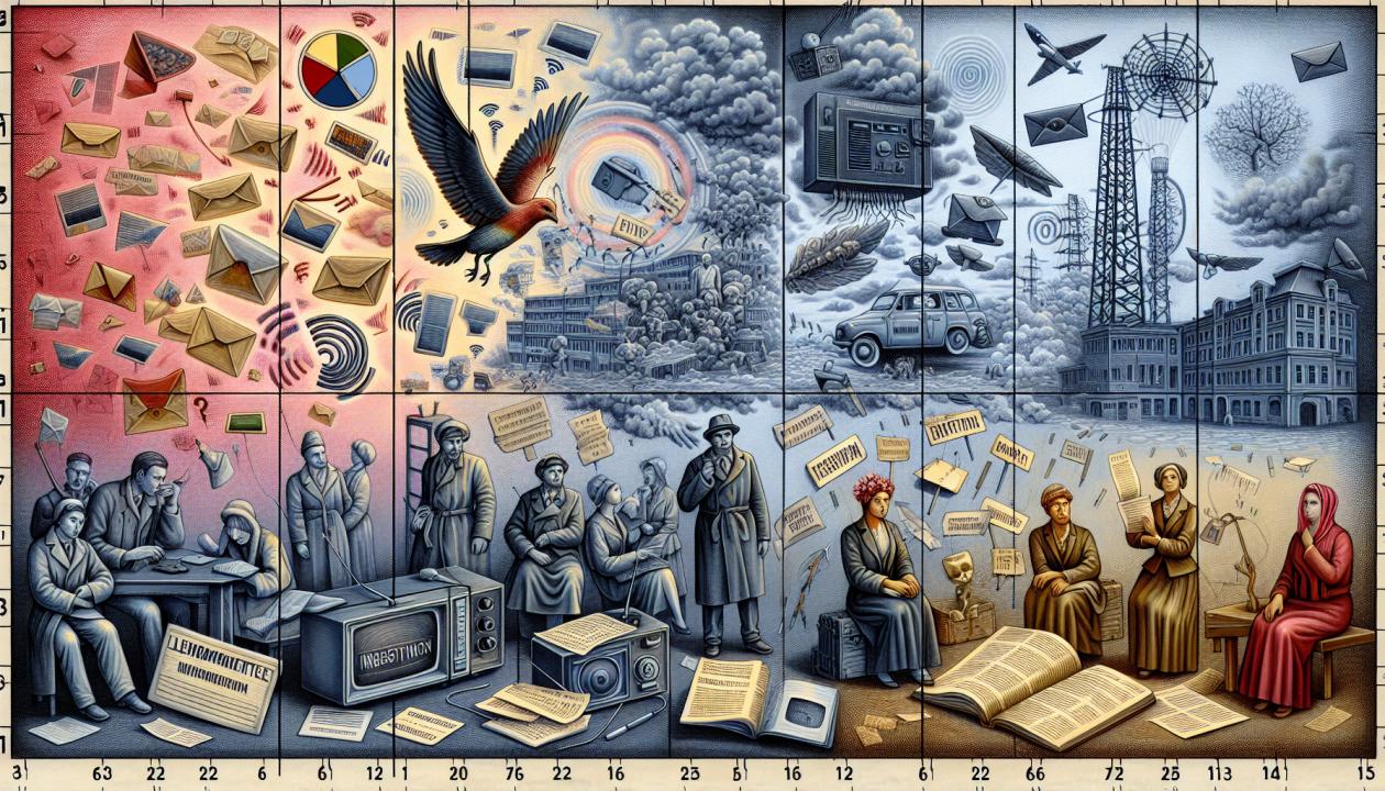 Иллюстрация, показывающая различные источники ошибок при передачи информации, таких как электромагнитные помехи, детали неисправного оборудования, и сцена из литературного произведения, где изображены последствия искаженной информации, например, потерянные письма или сообщения.
