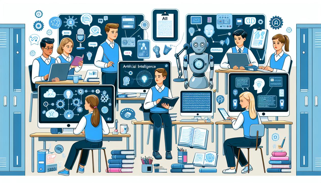 Иллюстрация группы школьников, изучающих искусственный интеллект в различных областях повседневной жизни.