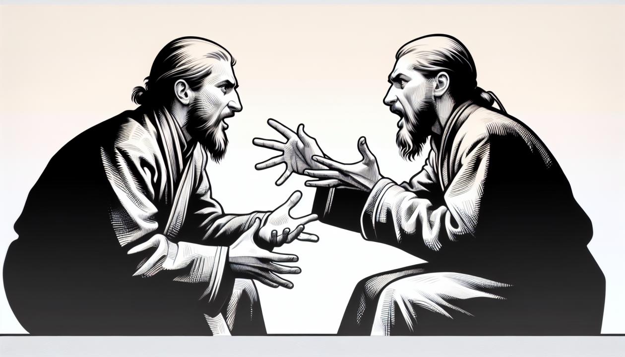 Иллюстрация проекта - изображение двух человеческих фигур, взаимодействующих друг с другом, выразительно использующих жесты, мимику и позы в своей коммуникации.