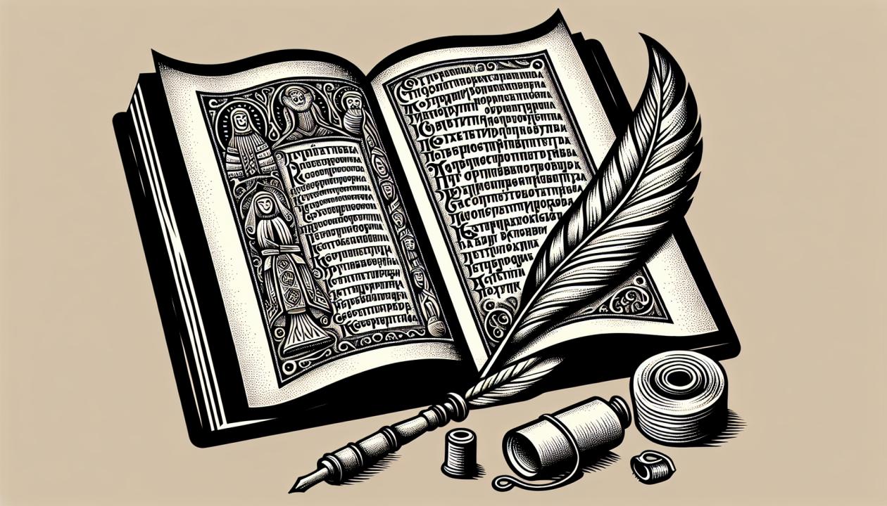 Изображение стилизованной книги с открытой страницей, на которой нарисовано перо и свиток с написанным стихотворением
