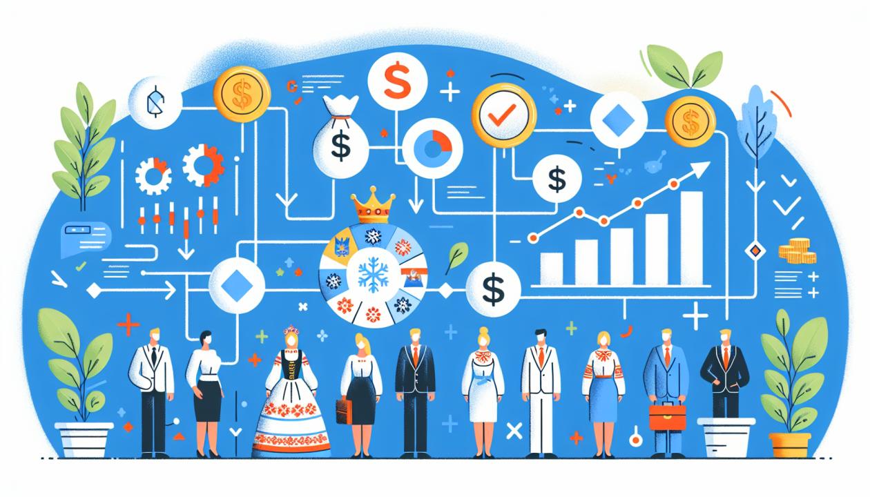 Иллюстрация, представляющая схему внедрения CRM-системы в компанию, с акцентом на этапы оценки эффективности через финансовые показатели и управление клиентами.