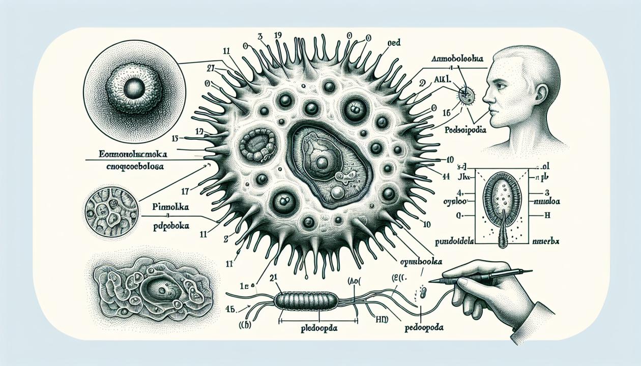 Иллюстрация, на которой изображена амёба, показывающая её строение, с указанием основных элементов, и схематическое изображение процесса её передвижения с помощью псевдоподий.