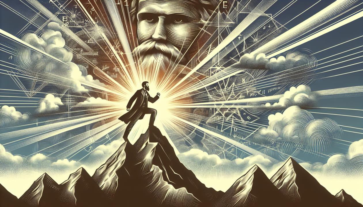 Изображение человека, стоящего на вершине горы, символизирующего достижения, с ярким небом и лучами света, символизирующими философские идеи Ницше.