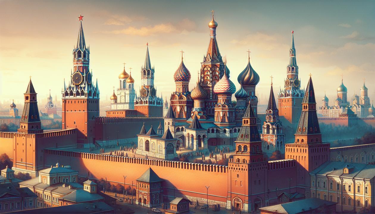 Изображение ансамбля Московского Кремля с акцентом на кирпичные стены, Успенский собор и башни с шатровыми завершениями. Фон - ясное небо, детали архитектуры, такие как купола и башни, с яркими цветами и исторической атмосферой.