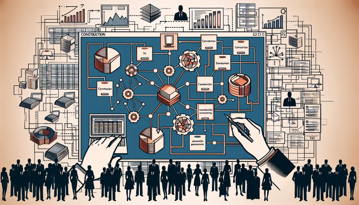 Диаграмма проектирования информационной системы, включающая связи между таблицами, правила ввода данных и интерфейсы для пользователей, с акцентом на процессы строительства.