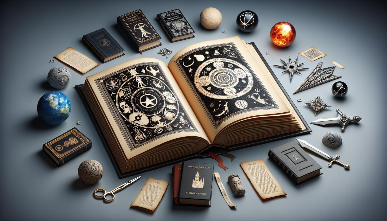 Изображение книги с открытыми страницами, на которых нарисованы символы различных поджанров фантастики, таких как космос, магия и альтернативная реальность. Вокруг книги – известные произведения и авторы.