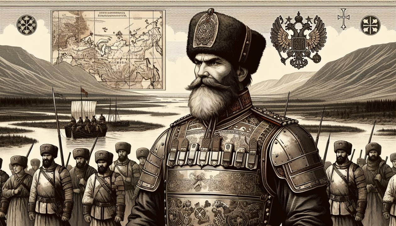 Изображение казачьего атамана Ермака в военной броне на фоне сибирского пейзажа, с реками и лесами, где он ведет своих казаков в поход, включая элементы традиционной казачьей символики и старинные карты Сибири.