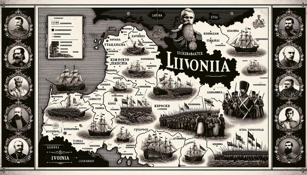 Изображение исторической карты Ливонии с указанием ключевых сражений Ливонской войны, а также изображения известных исторических人物, таких как Юрий Крижанич, написанных в стиле старинных гравюр, чтобы подчеркнуть атмосферу эпохи.