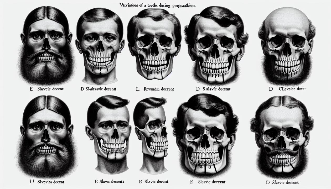 Диаграмма или изображение с различными вариантами постановки зубов при прогении