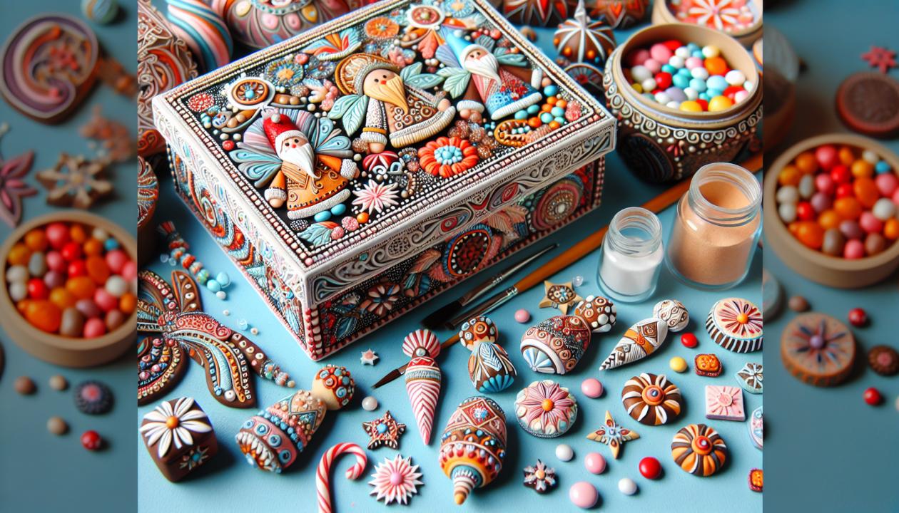Украшенная конфетница в стиле 'handmade', с использованием различных материалов и техник декорирования.