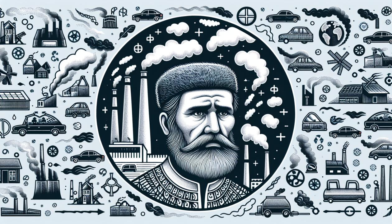 Иллюстрация человека, окруженного различными источниками загрязнения: заводы, автомобили, дым и т.д.