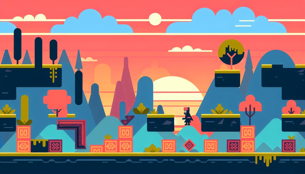 Простая 2D-платформерная игра на фоне яркого ландшафта с препятствиями и персонажем, исследующим уровень.