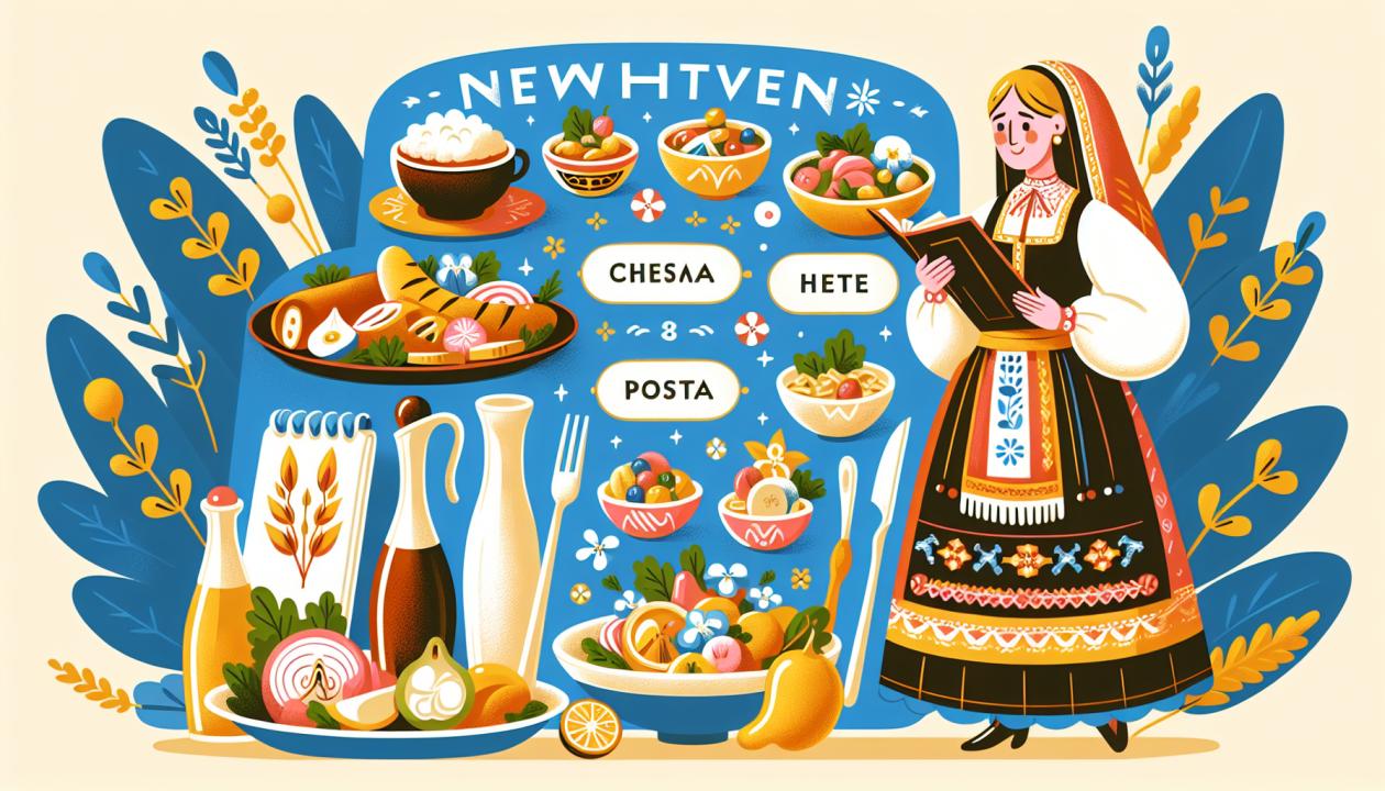 Иллюстрация нового меню отеля с разнообразными блюдами из разных культур мира.