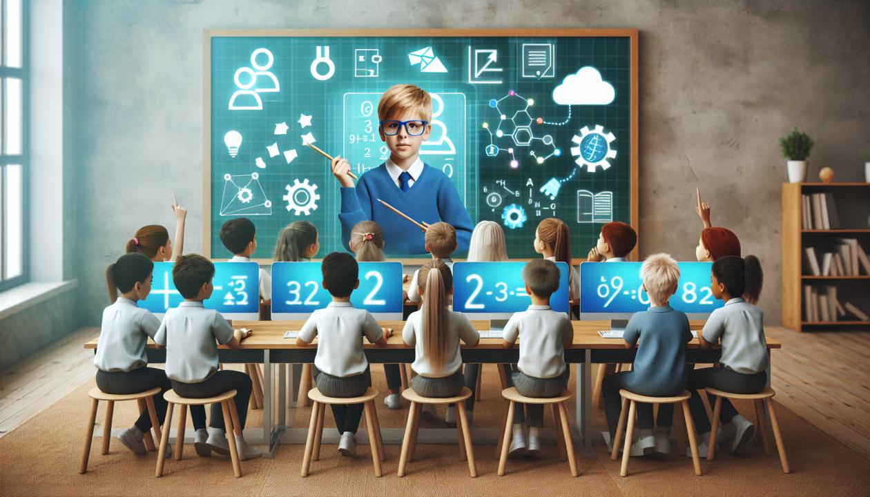 Изобразите школьников, работающих с виртуальными тренажерами по математике в интерактивной виртуальной среде.