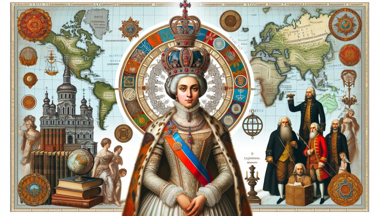 Изображение Екатерины II на фоне карты Российской империи XVIII века, с выделением губерний и уездов. На картине также присутствуют элементы, символизирующие идеи Просвещения, такие как книги и философские атрибуты.