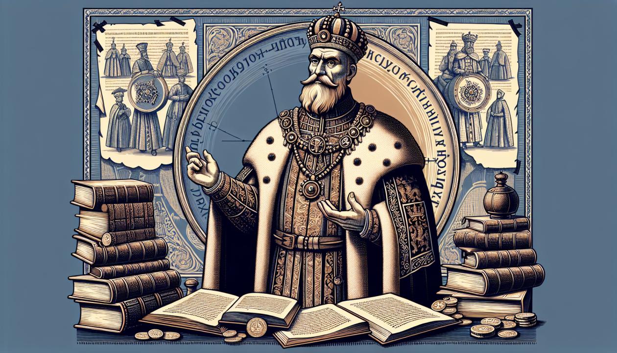 Иллюстрация проекта: изображение Ивана Грозного на фоне исторических документов и книг