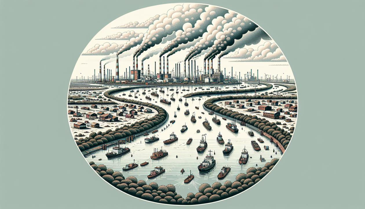 Река Иртыш, окруженная промышленными объектами и загрязненными водными источниками.