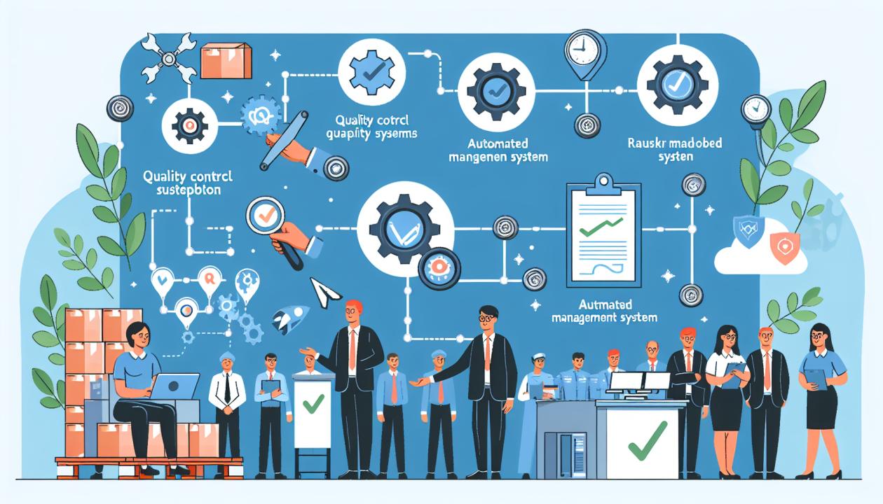 Иллюстрация, показывающая цепочку поставок с отмеченными ключевыми точками контроля качества, автоматизированные системы управления и довольных клиентов.