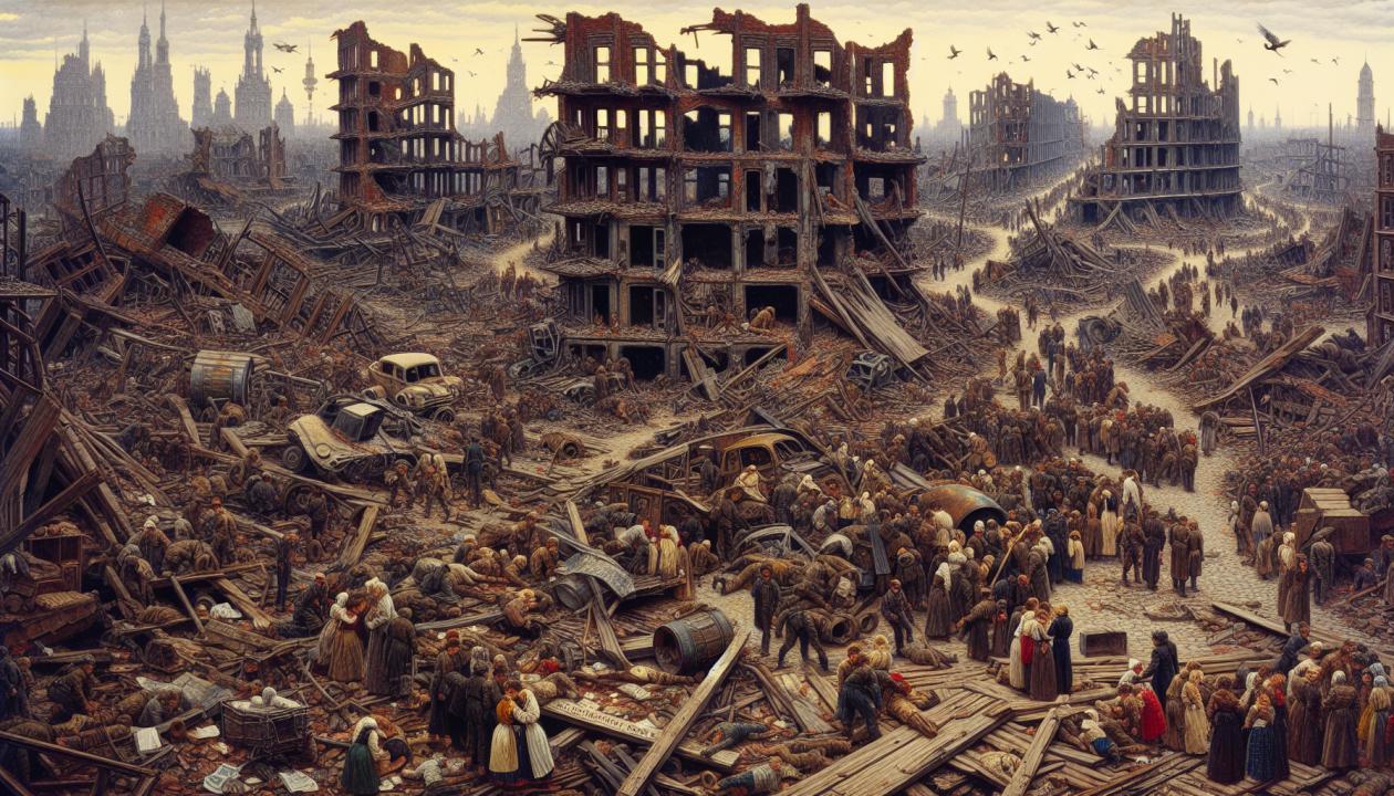 Картина, изображающая последствия гражданской войны в виде разрушенного города или пейзажа, где люди пытаются восстановить жизнь.