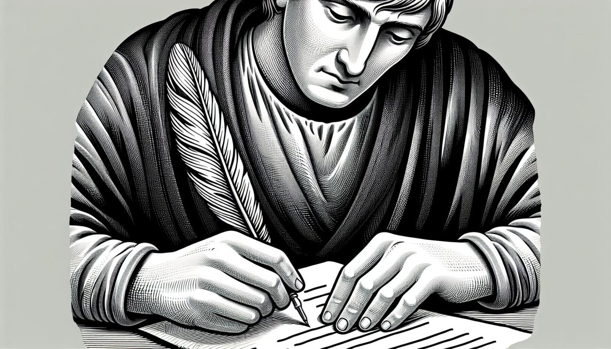 Рисунок человека, пишущего крупным планом на бумаге с пером.