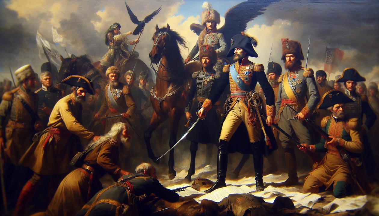 Пожалуйста, нарисуйте изображение Петра I во время проведения внешней политики, представив его в обстановке дипломатических переговоров или военных действий.