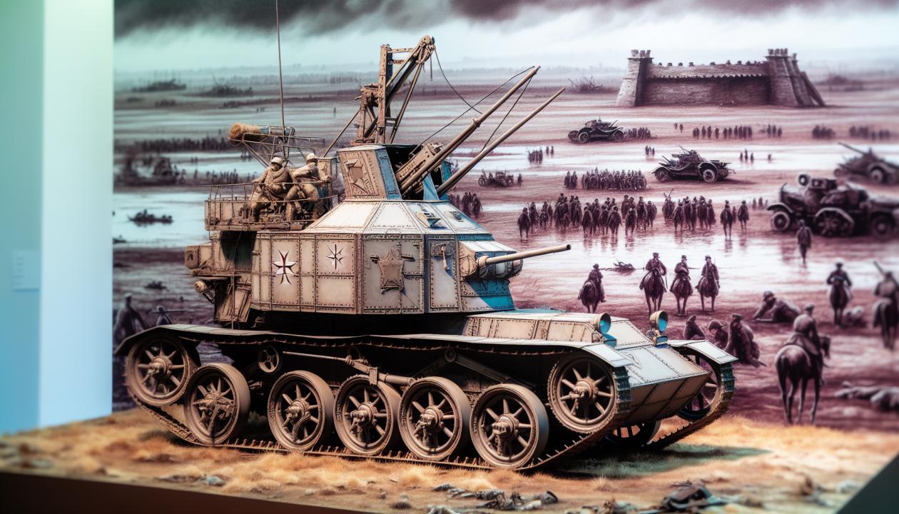Изображение уникальной боевой машины «Катюша» на фоне исторического сражения, с яркими деталями конструкции и далеким военным пейзажем.