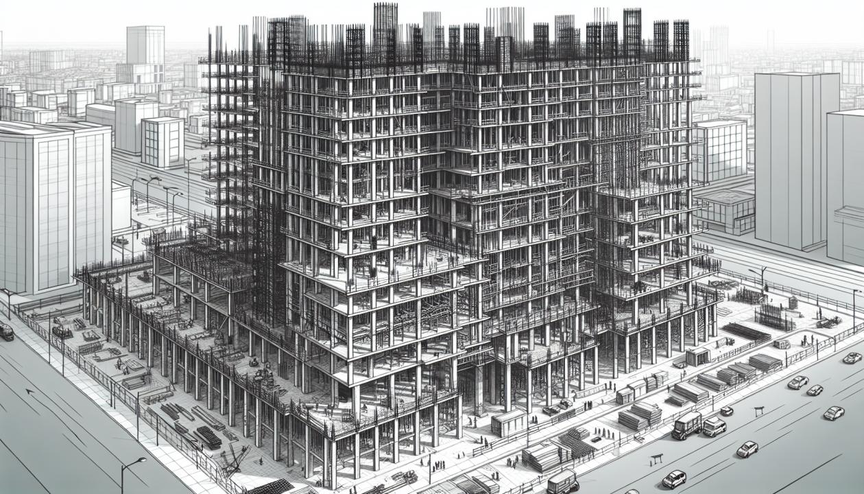 Изображение многоэтажного здания с выделенными элементами несущего остова: каркасные, монолитные и панельные системы. Показать детальную структуру, включая ригели, стойки и ядра жесткости, на фоне строительной площадки, чтобы подчеркнуть принципы конструкции.