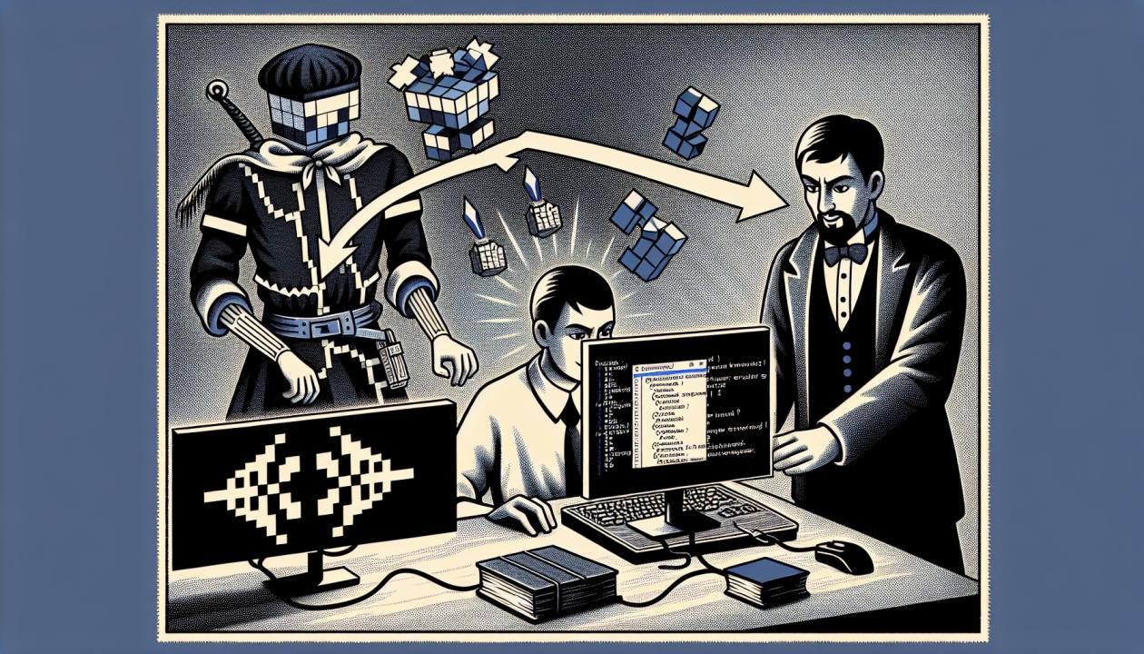Изобразите ученика, который программированием в игре Minecraft изменяет игровой мир.