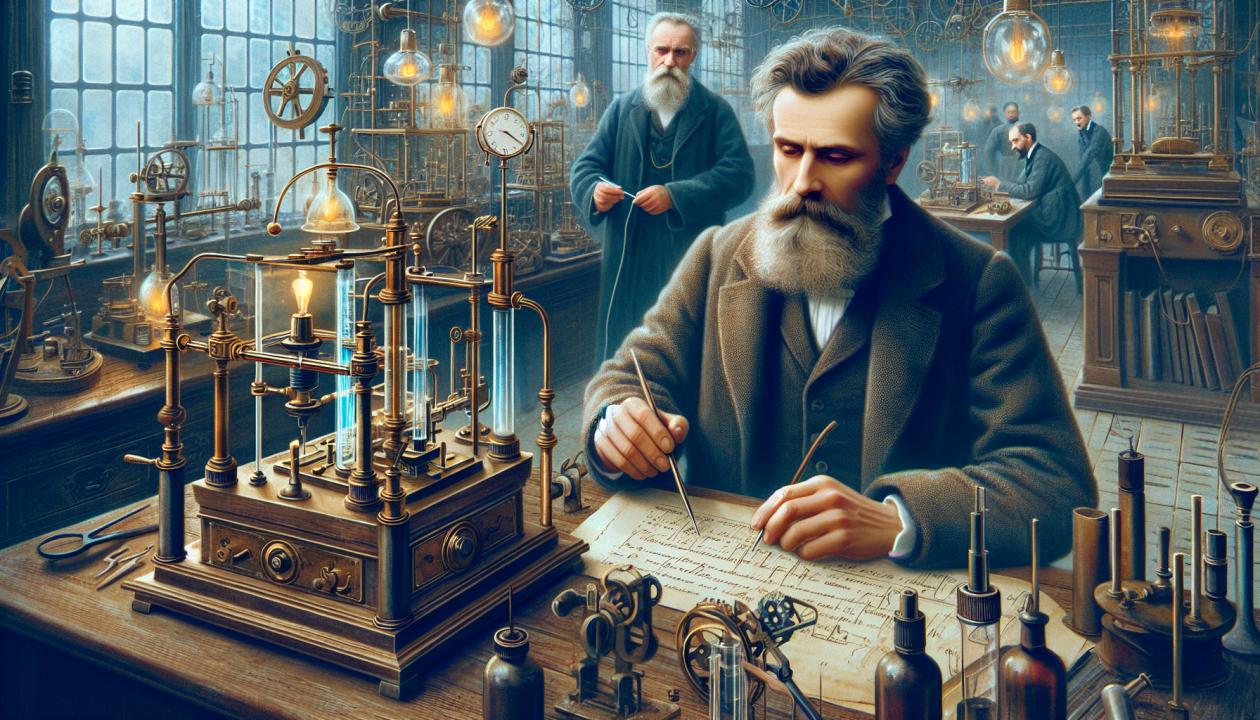 Рекомендуется изобразить портрет Николы Теслы, работающего над одним из своих изобретений или экспериментирующего в лаборатории.