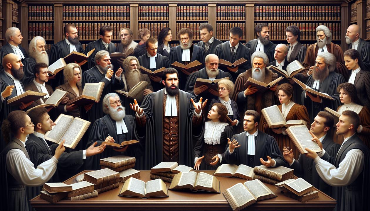 Изображение с участниками правовых отношений, изучающими правовые нормы и обсуждающими свои права и обязанности.