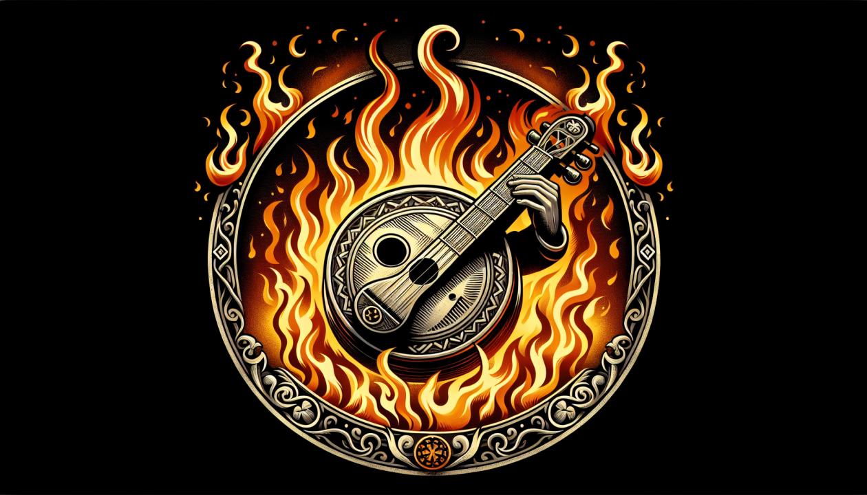 Изображение музыкального инструмента на фоне пламени огня