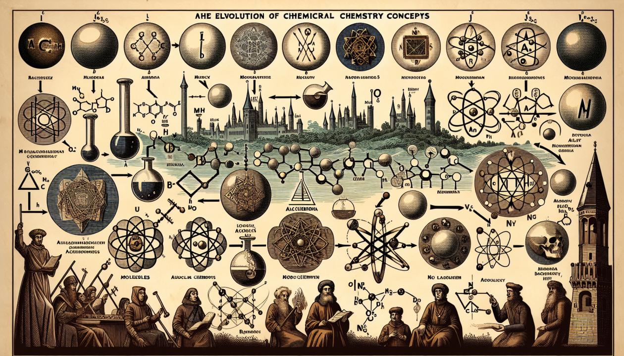 Изображение, иллюстрирующее эволюцию химических понятий, начиная с алхимии и переходя к современным химическим законам и концепциям. Модернизированные алхимические символы, схемы атомного строения, молекулы и известные химические элементы, которые связывают разные исторические эпохи в одну картину.