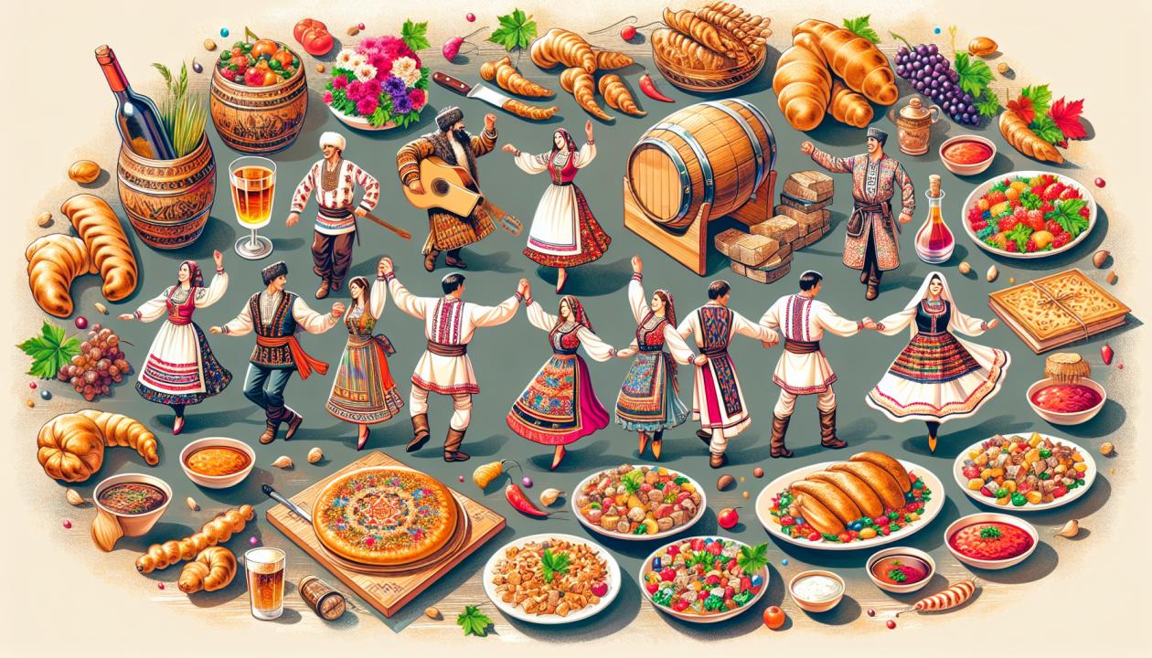 Иллюстрация должна включать изображения традиционных грузинских элементов: национальные танцы, песни, национальный костюм, культ лозы и традиционные грузинские блюда.