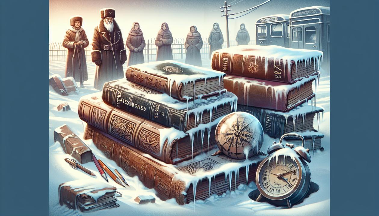 На иллюстрации изображены старые школьные учебники, застывшие во времени, символизирующие исторический контекст и стабильность системы образования в указанный период.